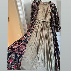 Navy and Beige Lehanga Choli with long Jacket